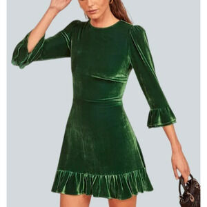 Reformation Mountain Dress Size 12 Emerald Green Velvet Ruffle Hem Sleeves Silk